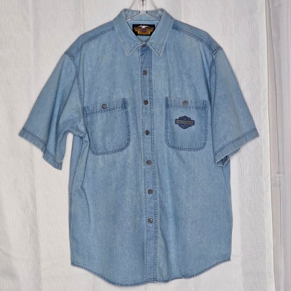 Harley-Davidson Vintage Big & Tall Short Sleeve Washed Denim Button Front Shirt